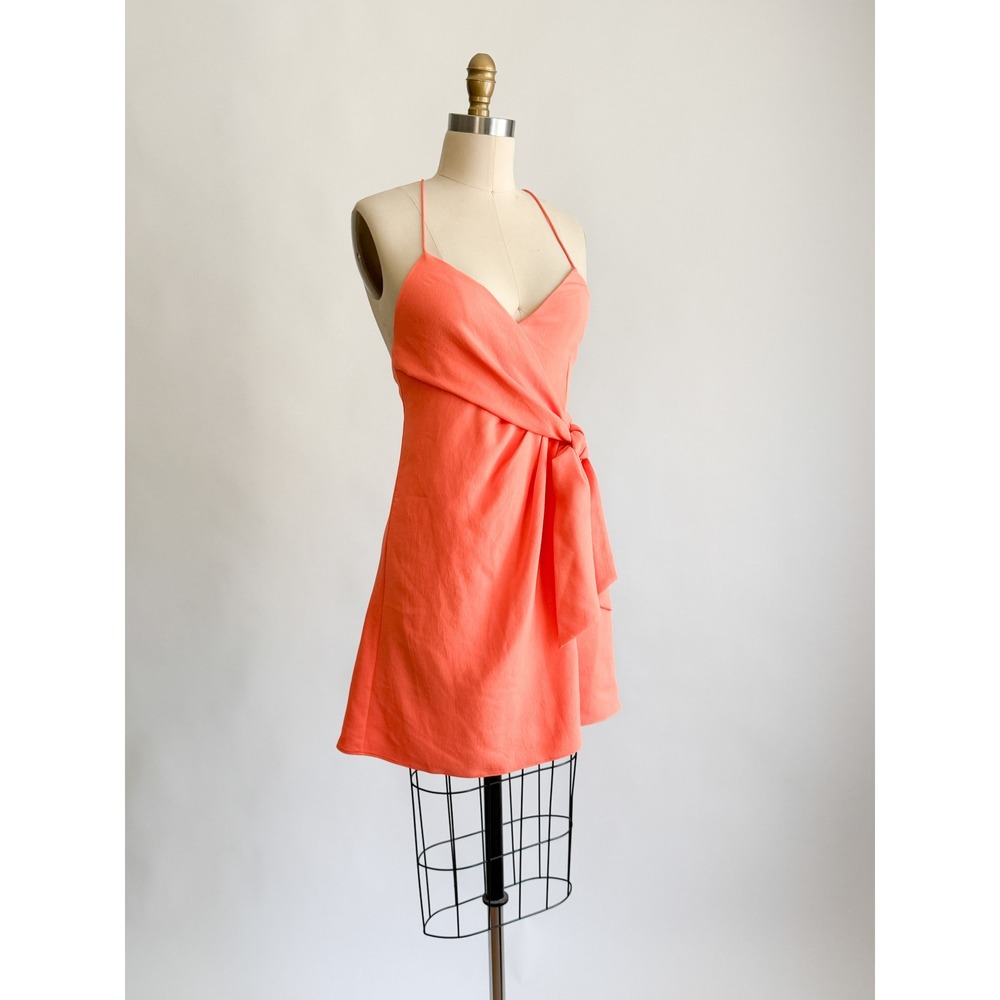 Alice + Olivia Wrap Mini Dress 2 Coral Neon Orange Side Tie Criss Cross Back - Picture 3 of 7